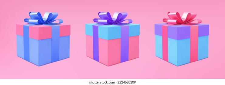 Geschenkbox 3D bunter Vektorhintergrund. 3D präsentiert Boxen Set. Realistische Geschenkbox-Kollektion. Weihnachten, Neujahr, Valentinstag, Geburtstag.