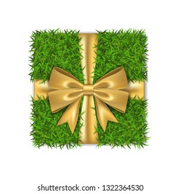 Gift box 3D. Green grass box top view, gold ribbon bow, isolated white background. Nature friendly design. Eco packaging. Concept recycle. Organic lawn, meadow. Holiday decoration Vector illustration