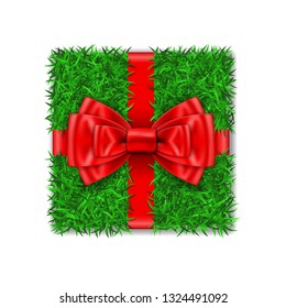 Gift box 3D. Green grass box top view, red ribbon bow isolated white background. Nature friendly design. Eco packaging. Concept recycle. Organic lawn, meadow. Holiday decoration Vector illustration