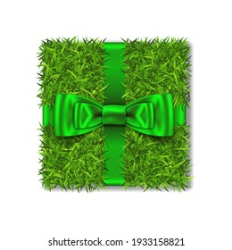 Gift box 3D. Green grass box top view, green ribbon bow isolated white background. Nature friendly design. Eco packaging. Concept recycle. Organic lawn, meadow. Holiday decoration Vector illustration