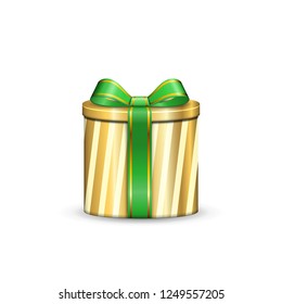 Gift box 3d, green ribbon bow Isolated white background. Decoration present gold gift-box for Happy holiday, birthday, Valentine celebration, Christmas surprise. Giftbox design Vector illustration