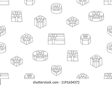 Gift box 3d isometric with shadow icon seamless pattern outline stroke set dash line design illustration isolated on white background, vector eps 10