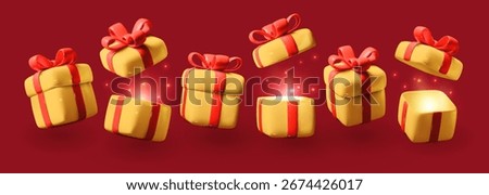 Gift box. 3D open present, yellow surprise. Decoration for birthday with red ribbon. Holiday celebration, Christmas party. Realistic package, symbol. Vector render, Valentine container, happy New Year