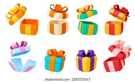 Gift box 3d, presents boxes with bows and ribbon. Gift prize open and closed. Realistic birthday, christmas, wedding party elements. Pithy vector set