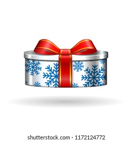 Gift box 3d, red ribbon bow Isolated white background. Decoration present silver, gift-box for Happy holiday, birthday, Valentine celebration, Christmas surprise. Giftbox design Vector illustration