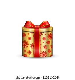 Gift box 3d, red ribbon bow Isolated white background. Decoration present gold gift-box for Happy holiday, birthday, Valentine celebration, Christmas surprise. Giftbox design Vector illustration
