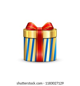 Gift box 3d, red ribbon bow Isolated white background. Decoration present gold gift-box for Happy holiday, birthday, Valentine celebration, Christmas surprise. Giftbox design Vector illustration