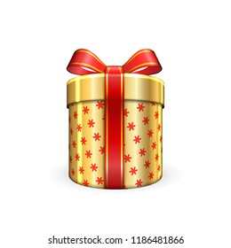 Gift box 3d, red ribbon bow Isolated white background. Decoration present gold gift-box for Happy holiday, birthday, Valentine celebration, Christmas surprise. Giftbox design Vector illustration