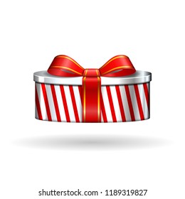 Gift box 3d, red ribbon bow Isolated white background. Decoration present silver gift-box for Happy holiday, birthday, Valentine celebration, Christmas surprise. Giftbox design Vector illustration