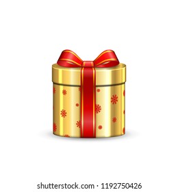 Gift box 3d, red ribbon bow Isolated white background. Decoration present gold gift-box for Happy holiday, birthday, Valentine celebration, Christmas surprise. Giftbox design Vector illustration