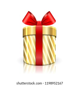 Gift box 3d, red ribbon bow Isolated white background. Decoration present gold gift-box for Happy holiday, birthday, Valentine celebration, Christmas surprise. Giftbox design Vector illustration