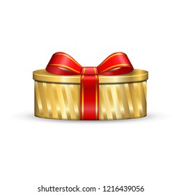 Gift box 3d, red ribbon bow Isolated white background. Decoration present gold gift-box for Happy holiday, birthday, Valentine celebration, Christmas surprise. Giftbox design Vector illustration