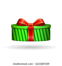 Gift box 3d, red ribbon bow Isolated white background. Decoration present green gift-box for Happy holiday, birthday, Valentine celebration, Christmas surprise. Giftbox design Vector illustration