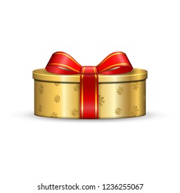 Gift box 3d, red ribbon bow Isolated white background. Decoration present gold gift-box for Happy holiday, birthday, Valentine celebration, Christmas surprise. Giftbox design Vector illustration