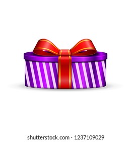 Gift box 3d, red ribbon bow Isolated white background. Decoration present purple gift-box for Happy holiday, birthday, Valentine celebration, Christmas surprise. Giftbox design Vector illustration