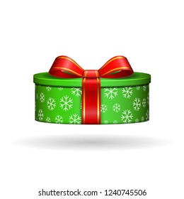 Gift box 3d, red ribbon bow Isolated white background. Decoration present green gift-box for Happy holiday, birthday, Valentine celebration, Christmas surprise. Giftbox design Vector illustration