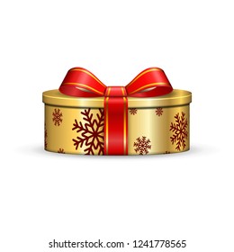 Gift box 3d, red ribbon bow Isolated white background. Decoration present gold gift-box for Happy holiday, birthday, Valentine celebration, Christmas surprise. Giftbox design Vector illustration