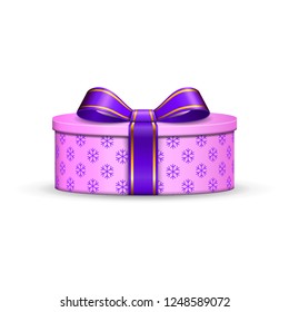 Gift box 3d, red ribbon bow Isolated white background. Decoration present pink gift-box for Happy holiday, birthday, Valentine celebration, Christmas surprise. Giftbox design Vector illustration