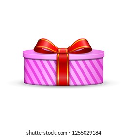 Gift box 3d, red ribbon bow Isolated white background. Decoration present pink gift-box for Happy holiday, birthday, Valentine celebration, Christmas surprise. Giftbox design Vector illustration