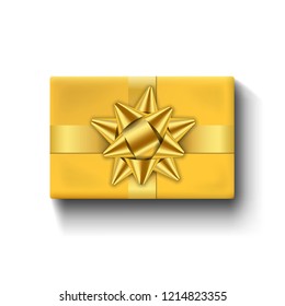 Gift box 3d top view, golden ribbon bow. Isolated white background. Decoration present gold gift box for holiday, Valentine celebration, surprise. Package giftbox design Vector illustration