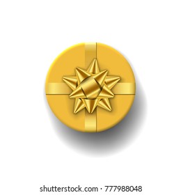 Gift box 3d top view, isolated white background. Gold ribbon on golden giftbox. Present design golden bow for Christmas celebration, New Year holiday, gift box birthday decoration. Vector illustration