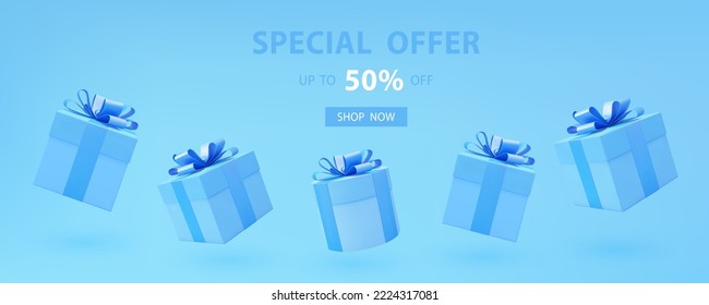 Gift box 3d vector. 3d present boxes web banner. Web page sale banner. Gift boxes. Discount special offer poster. Online shopping. Holiday presents sale.