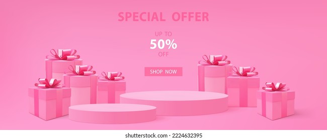 Gift box 3d vector. 3d present boxes web banner. Web page sale banner. Gift boxes. Discount special offer poster. Online shopping. Holiday presents sale.