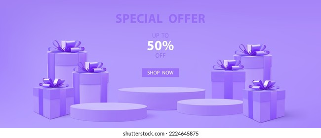 Gift box 3d vector. 3d present boxes web banner. Web page sale banner. Gift boxes. Discount special offer poster. Online shopping. Holiday presents sale.