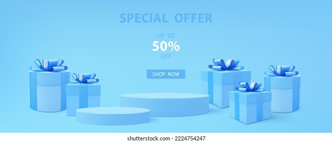 Gift box 3d vector. 3d present boxes web banner. Web page sale banner. Gift boxes. Discount special offer poster. Online shopping. Holiday presents sale.