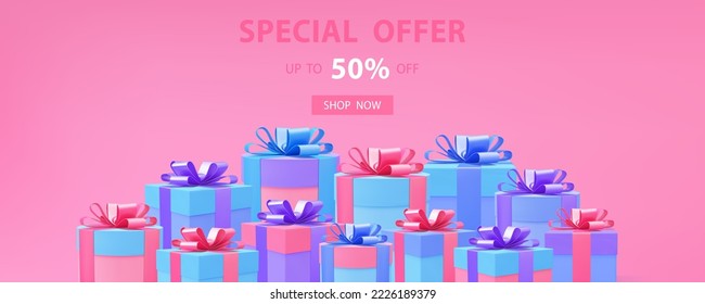 Gift box 3d vector. 3d present boxes web banner. Web page sale banner. Gift boxes. Discount special offer poster. Online shopping. Holiday presents sale.