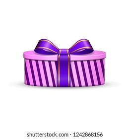 Gift box 3d, violet ribbon bow Isolated white background. Decoration present purple gift-box for Happy holiday, birthday, Valentine celebration, Christmas surprise. Giftbox design Vector illustration