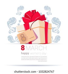 Gift Box With 8 March Tag Happy Women Day Creative Greeting Card Template Background Flat Vector Illustration