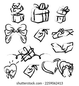 gift box abstract brush set, Romantic holiday presents Heart shape. valentine's day elements.