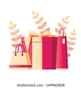 Gift box with abstract soft color pattern with leaves on background flat vector illustration on white background