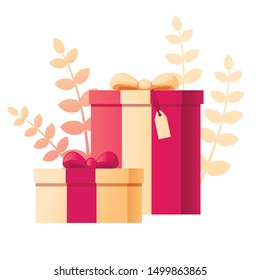 Gift box with abstract soft color pattern with leaves on background flat vector illustration on white background