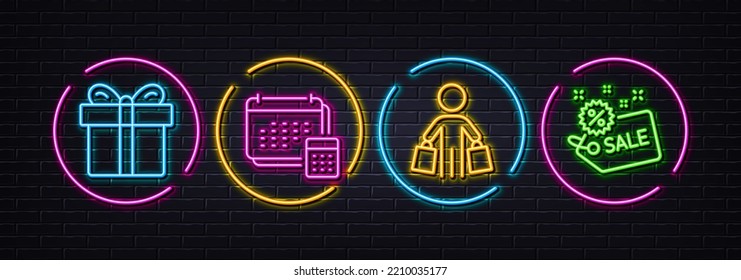 Gift box, Account and Buyer minimal line icons. Neon laser 3d lights. Sale icons. For web, application, printing. Present package, Calculate budget, Shopping customer. Shopping tag. Vector