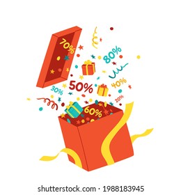 Gift box in the air, from which discounts, presents, serpentine and confetti fly out. Sale, discounts and bonuses concept. Isolated on white vector illustration.