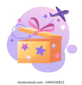 Gift box with an airplane flying out of it - vector illustration. Travel and vacation icon