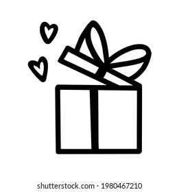 Geschenkbox ajar, mit Herzen, doodle . Handgezeichnete Illustration auf weißem Hintergrund.Einzeln. Für Karten, Poster, Aufkleber und professionelles Design.