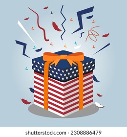 gift box american independence day design suitable for use on banner or social media content with american flag pattern