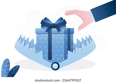 Gift box in animal trap, bait. Customer hand want take prize or gift. Marketing, promotion campaign. Deception, scam, fake discount or seasonal sale. Fraud, freebie, crime and lie. vector illustration