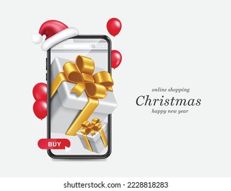 Gift box appears on smartphone screen and has buy icon beneath it and has Santa hat placed over edge of smartphone and there are balloons floating in air around,vector for christmas online shopping