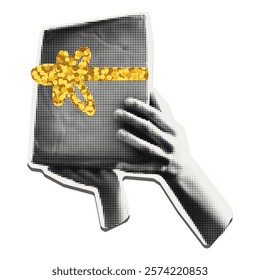 Gift box art collage sticker. Halftone hands giving, offering, handing over present with gold glitter ribbon and bow Vintage dot texture, modern retro grunge cut out paper clipping Vector illustration