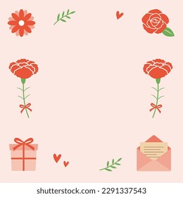 Gift box background frame with carnations and roses, square thumbnail, gift message card material. Mother's day title logo. Cute vector illustration.