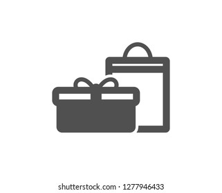 Gift box with bag icon. Present or Sale sign. Birthday Shopping symbol. Package in Gift Wrap. Quality design element. Classic style icon. Vector