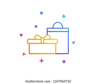 Gift box with bag line icon. Present or Sale sign. Birthday Shopping symbol. Package in Gift Wrap. Gradient line button. Gifts icon design. Colorful geometric shapes. Vector