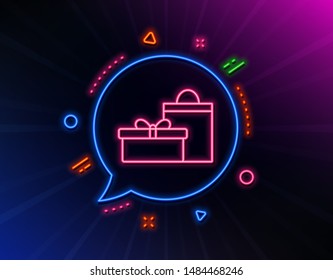 Gift box with bag line icon. Neon laser lights. Present or Sale sign. Birthday Shopping symbol. Package in Gift Wrap. Glow laser speech bubble. Neon lights chat bubble. Vector