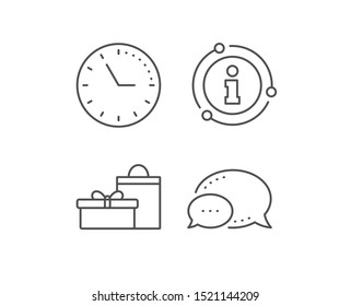 Gift box with bag line icon. Chat bubble, info sign elements. Present or Sale sign. Birthday Shopping symbol. Package in Gift Wrap. Linear gifts outline icon. Information bubble. Vector