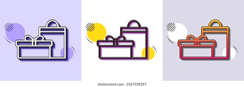 Gift box with bag line icon. Halftone dotted pattern. Gradient icon with grain shadow. Present or Sale sign. Birthday Shopping symbol. Package in Gift Wrap. Line gifts icon. Various designs. Vector