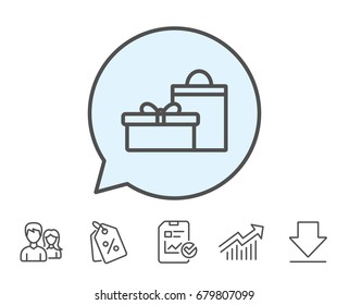 Gift box with bag line icon. Present or Sale sign. Birthday Shopping symbol. Package in Gift Wrap. Report, Sale Coupons and Chart line signs. Download, Group icons. Editable stroke. Vector
